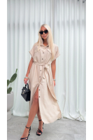 Sukienka Koszulowa Maxi Premium Wiązana w Pasie Elegancka Oversize Guziki Kieszenie - szampański